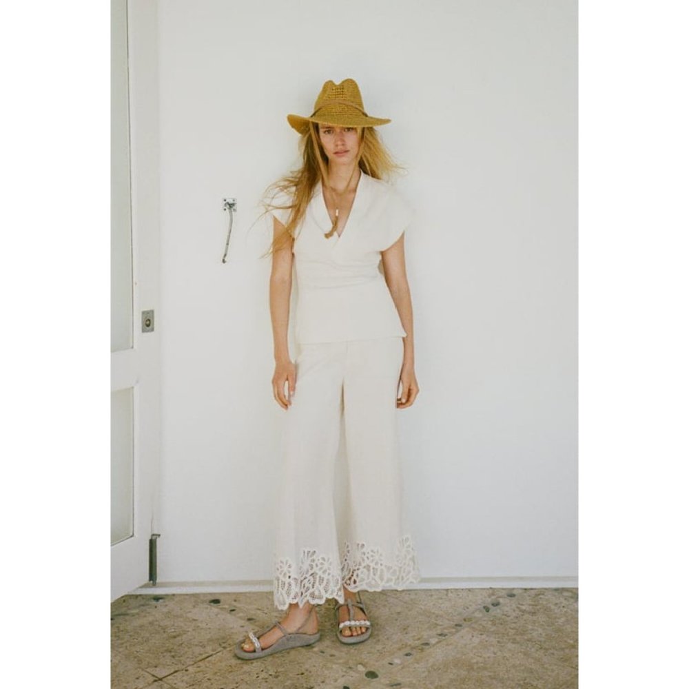 Zara Lace Trim Rustic High-waisted Linen Pants Limited Edition Women's Size M